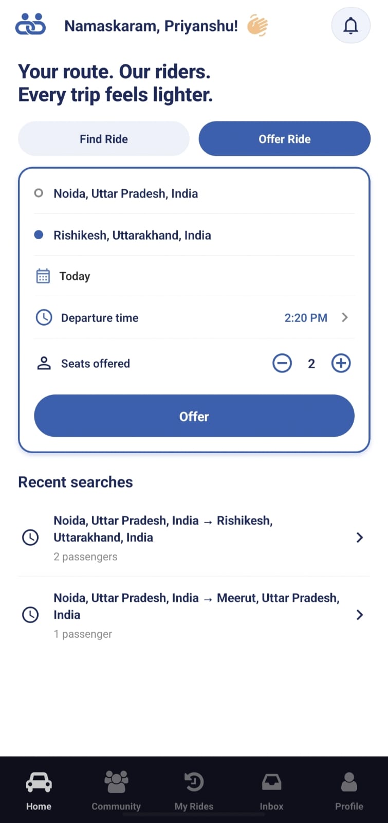 Offer ride app preview